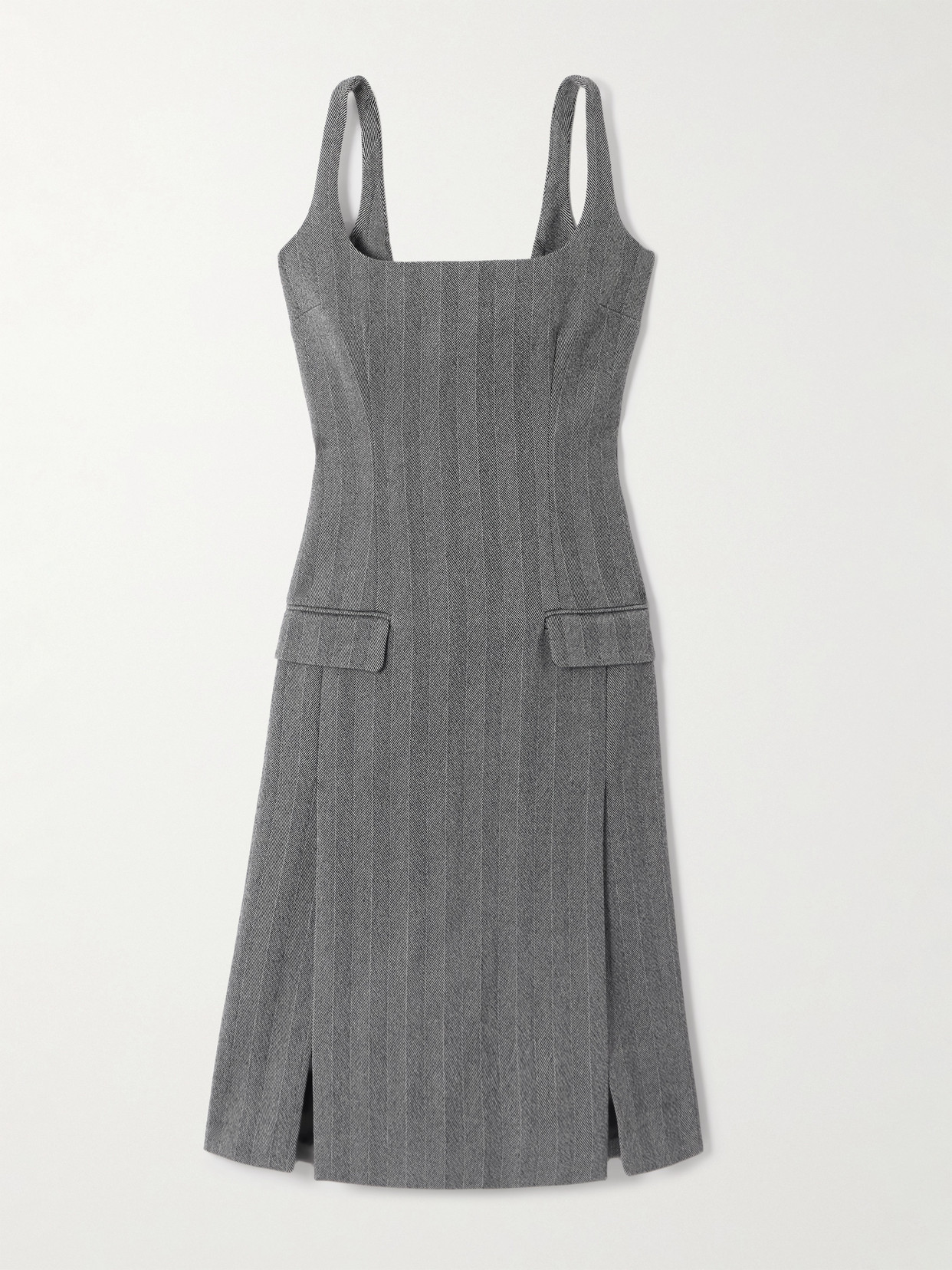 Ferragamo Sleeveless Herringbone Virgin Wool Blend Dress In Gray