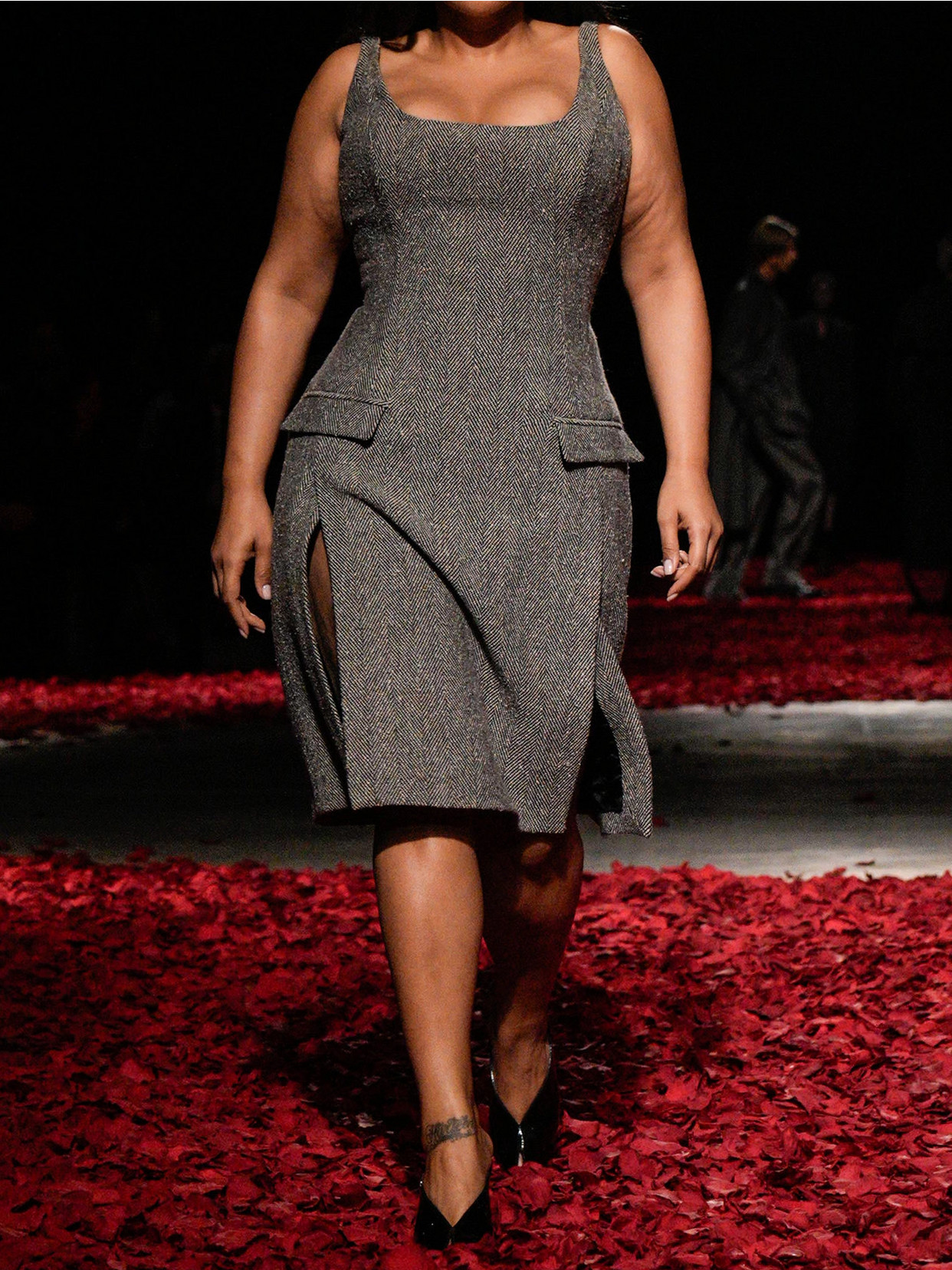 Ferragamo Sleeveless Herringbone Virgin Wool Blend Dress In Gray