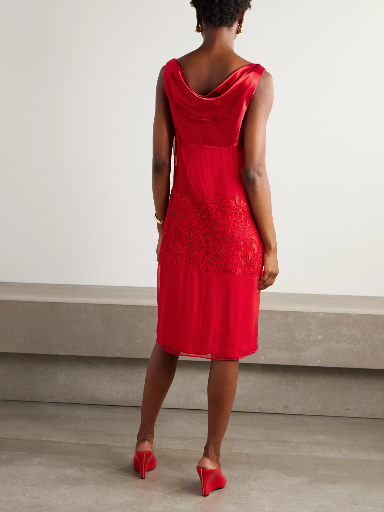 Ferragamo Lace Trim Cowl Neck Satin & Chiffon Shift Dress In Red