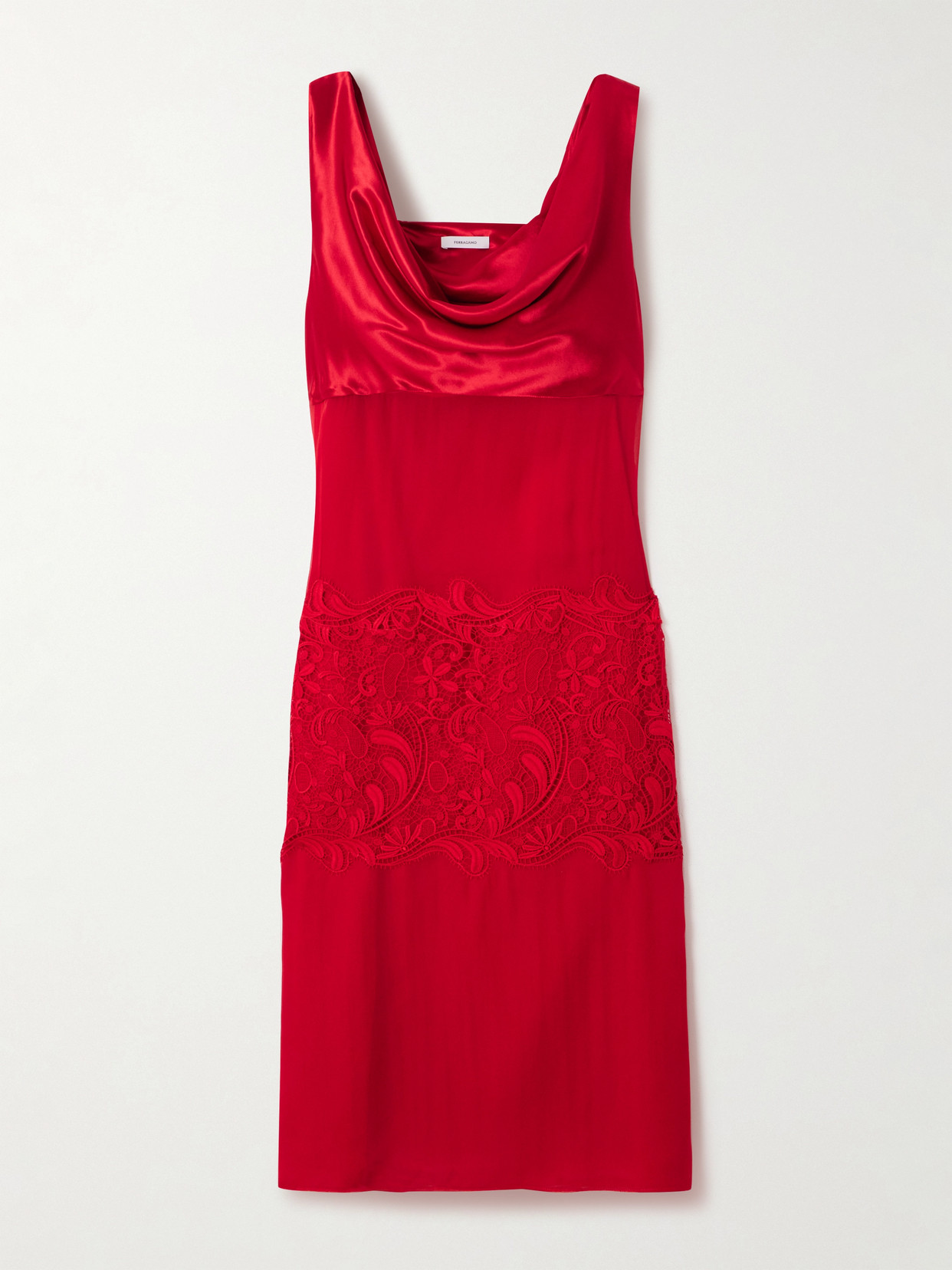 Ferragamo Draped Satin- And Lace-paneled Silk-chiffon Midi Dress In Red