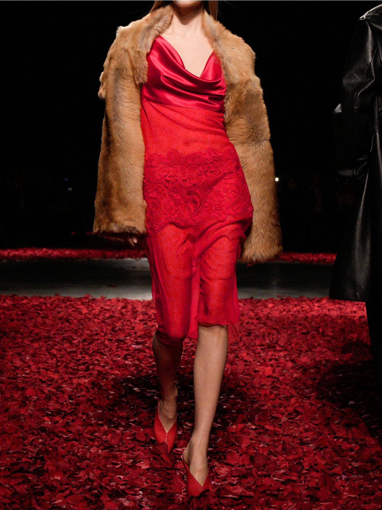 Ferragamo Lace Trim Cowl Neck Satin & Chiffon Shift Dress In Red