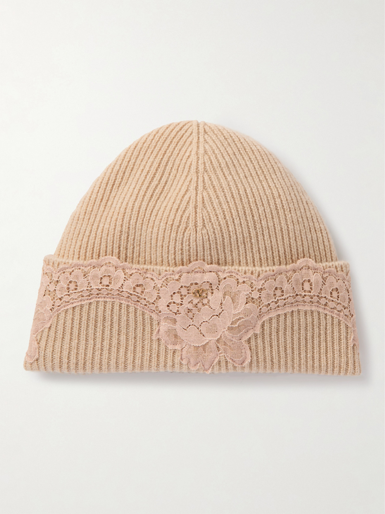 Valentino Garavani Lace-trimmed Ribbed Cashmere Beanie In Pink