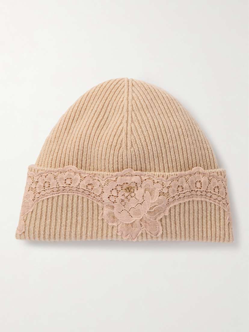 Valentino Garavani Lace-trimmed Ribbed Cashmere Beanie