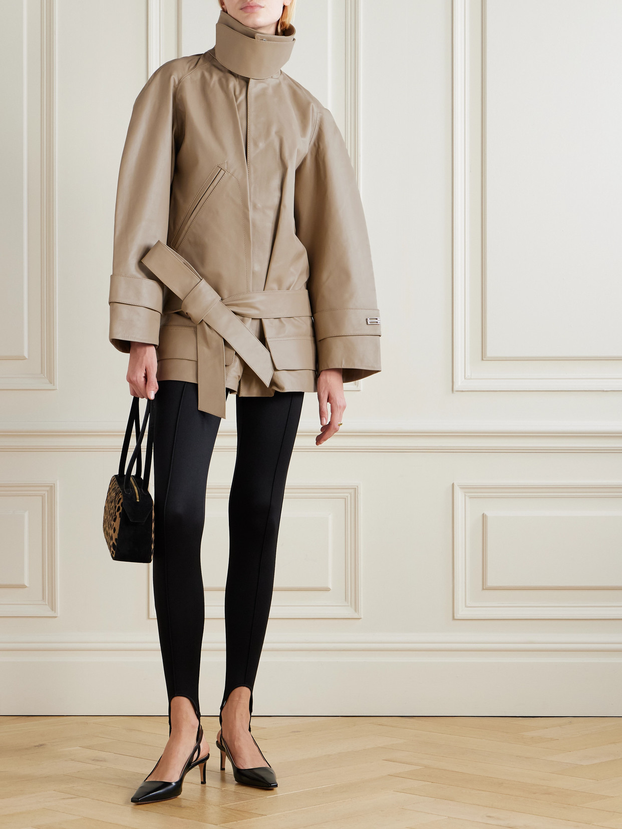 Victoria Beckham Cropped Belted Leather Jacket In Brown