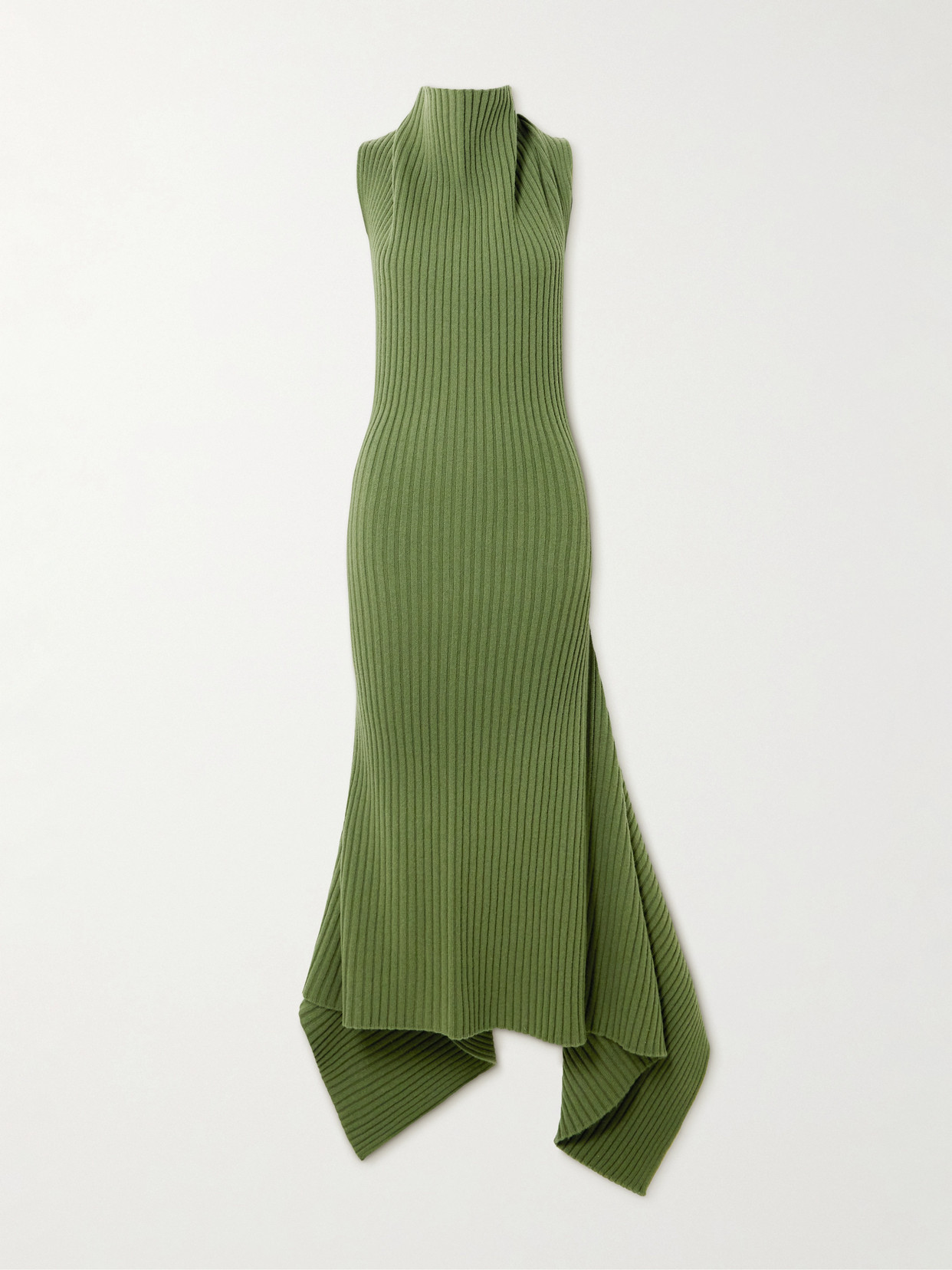 Victoria Beckham Asymmetric Gathered Ribbed Wool-blend Midi Dress In Gray