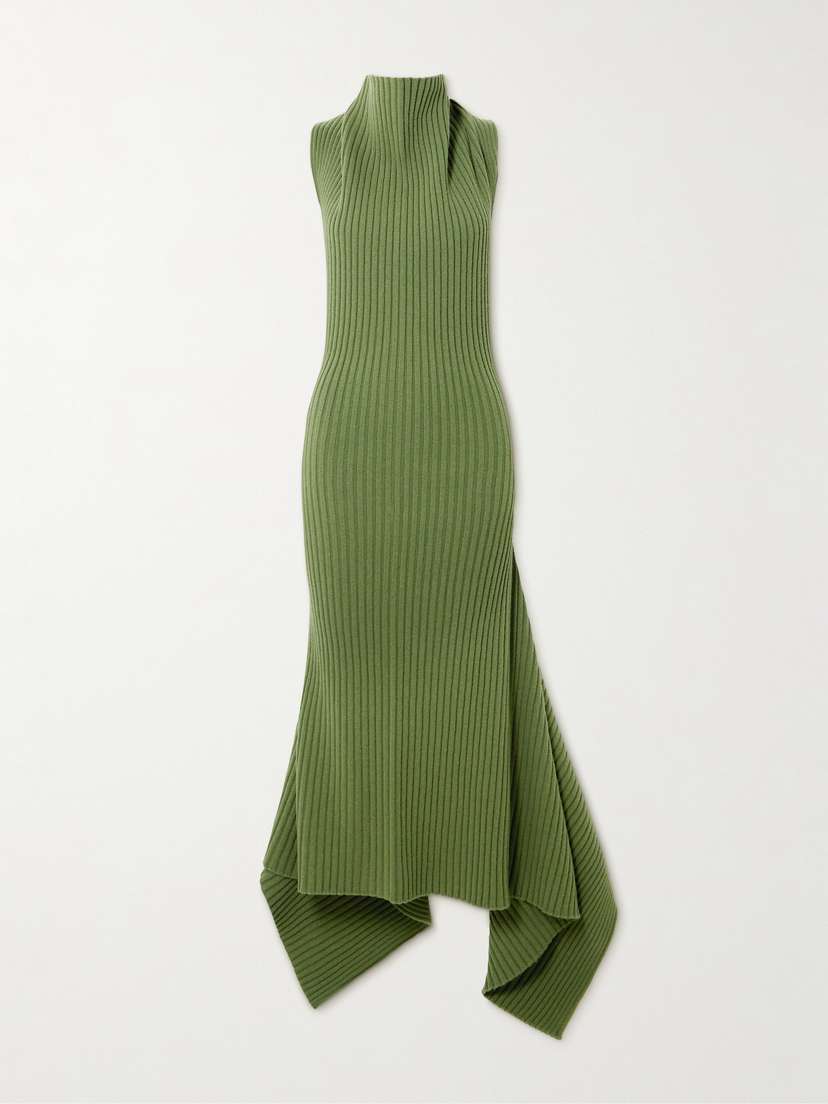 Victoria Beckham Asymmetric Gathered Ribbed Wool-blend Midi Dress