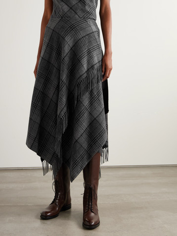 Ralph Lauren Collection Hadiah asymmetric fringed checked wool midi skirt