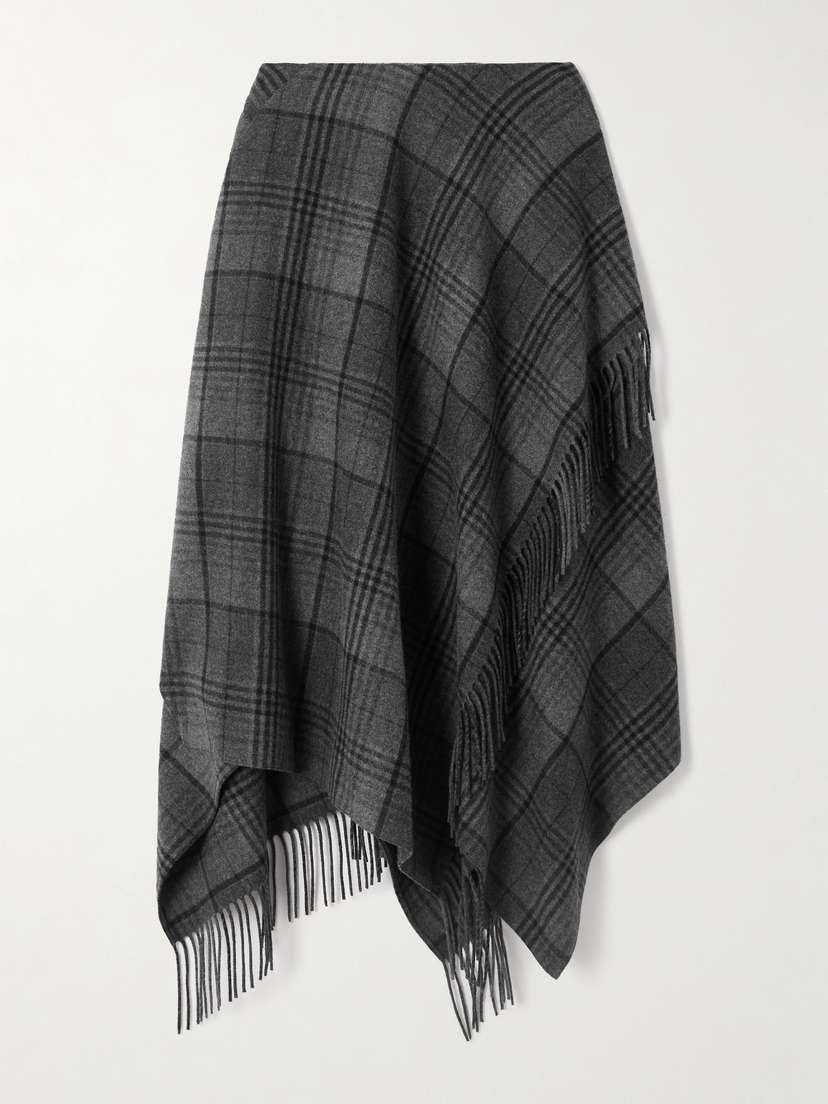 Ralph Lauren Collection Hadiah Asymmetric Fringed Checked Wool Midi Skirt