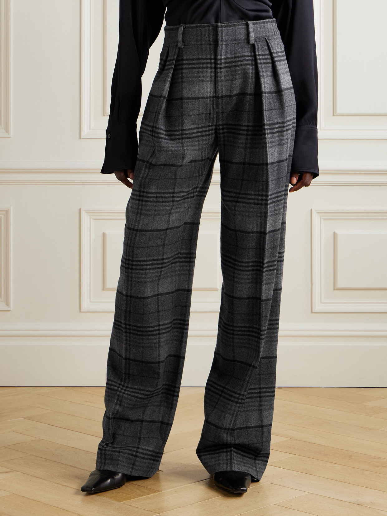 Ralph Lauren Jody Pleated Checked Wool Wide-leg Pants In Gray