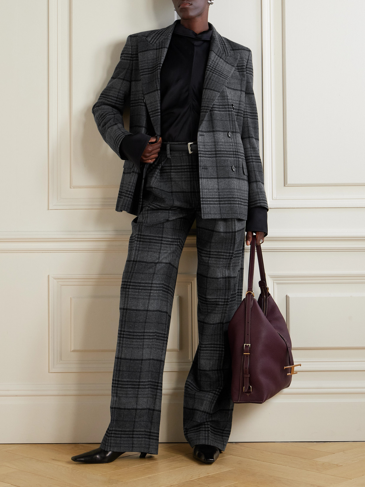 Ralph Lauren Jody Pleated Checked Wool Wide-leg Pants In Gray