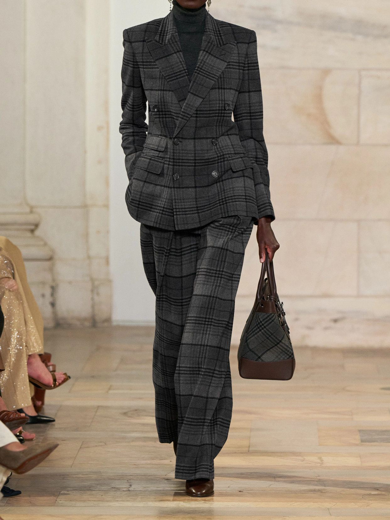Ralph Lauren Jody Pleated Checked Wool Wide-leg Pants In Gray