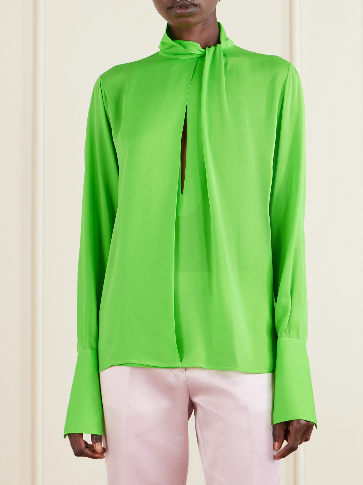 Tom Ford Cutout Draped Pleated Silk-georgette Blouse In Green