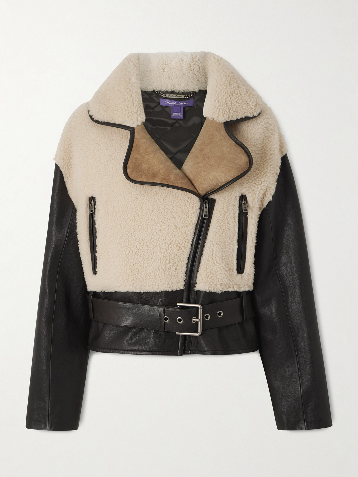 Ralph Lauren Silvester Belted Leather And Shearling Biker Jacket In White