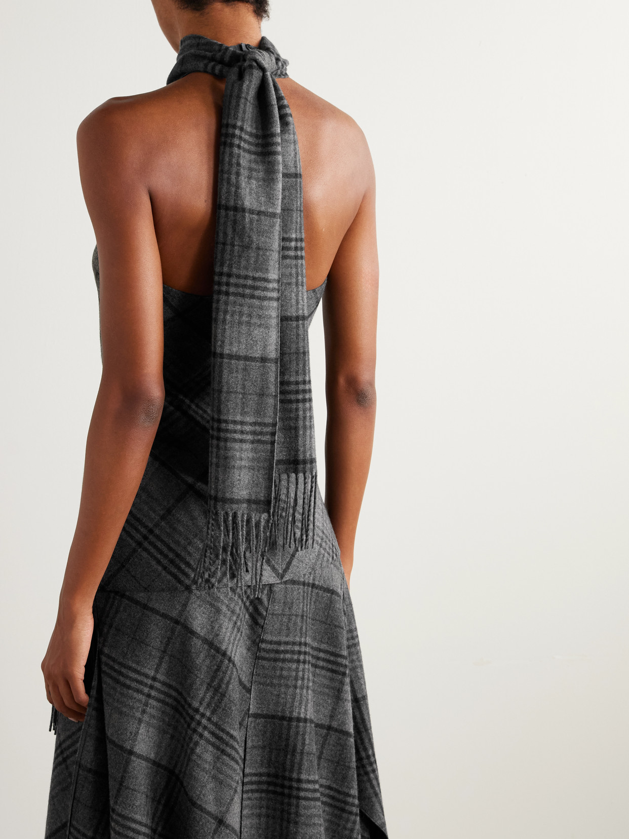 Ralph Lauren Chilton Fringed Scarf-detailed Checked Wool Turtleneck Tank In Gray