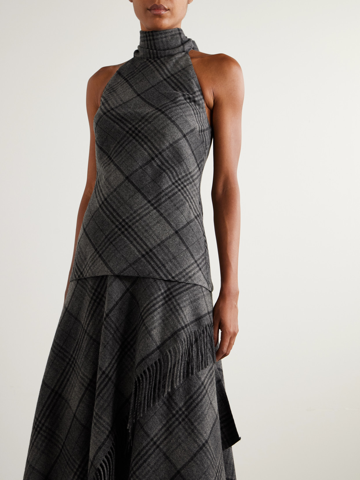 Ralph Lauren Chilton Fringed Scarf-detailed Checked Wool Turtleneck Tank In Gray