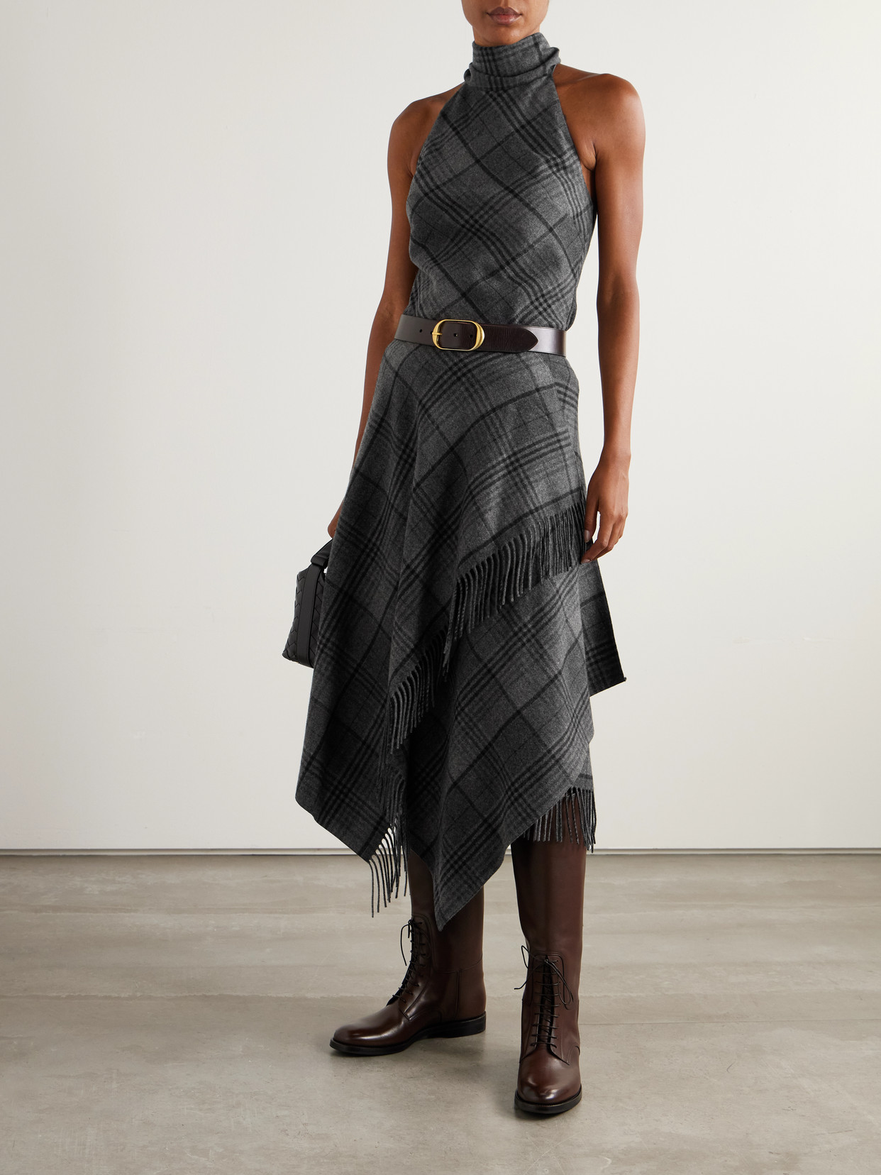 Ralph Lauren Chilton Fringed Scarf-detailed Checked Wool Turtleneck Tank In Gray