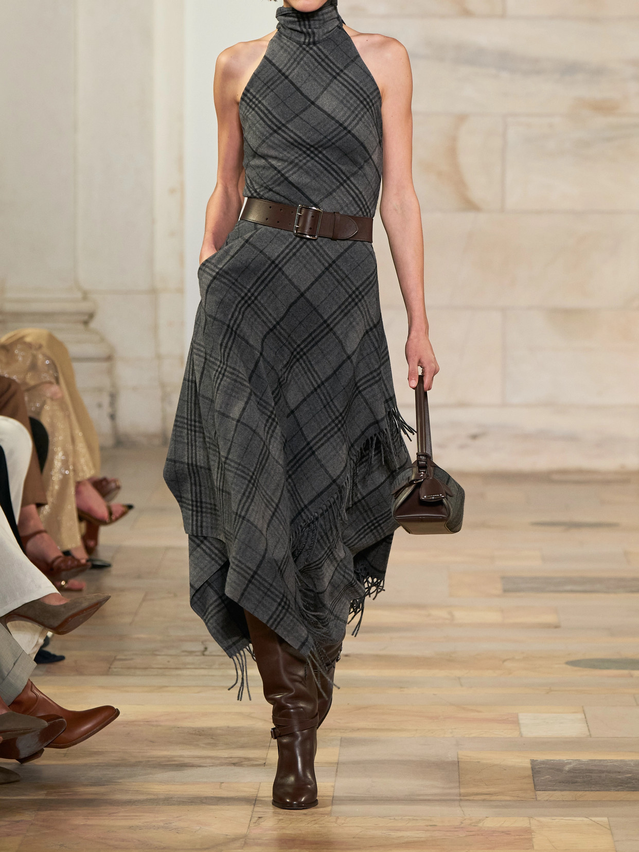Ralph Lauren Chilton Fringed Scarf-detailed Checked Wool Turtleneck Tank In Gray