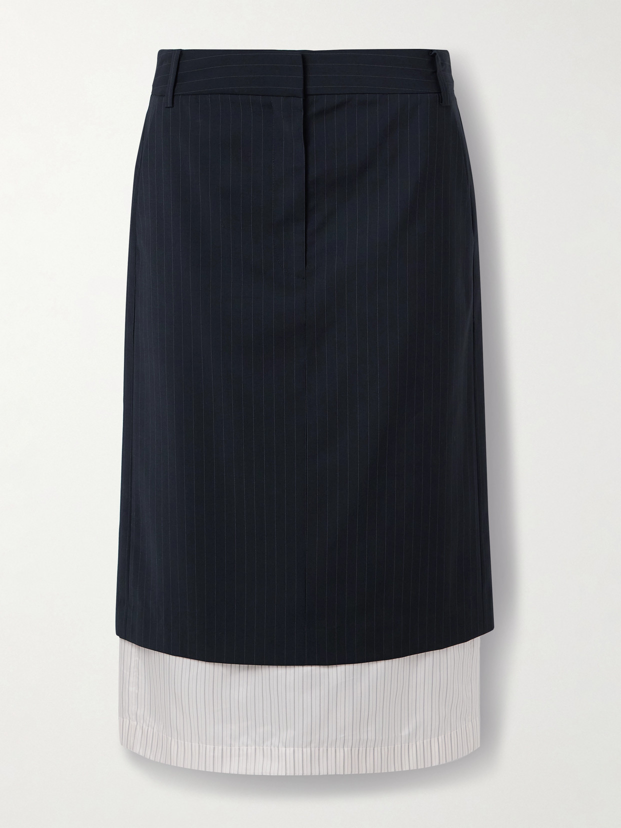 Tibi Mier Layered Pinstriped Wool-blend Crepe And Satin-twill Midi Skirt In Blue