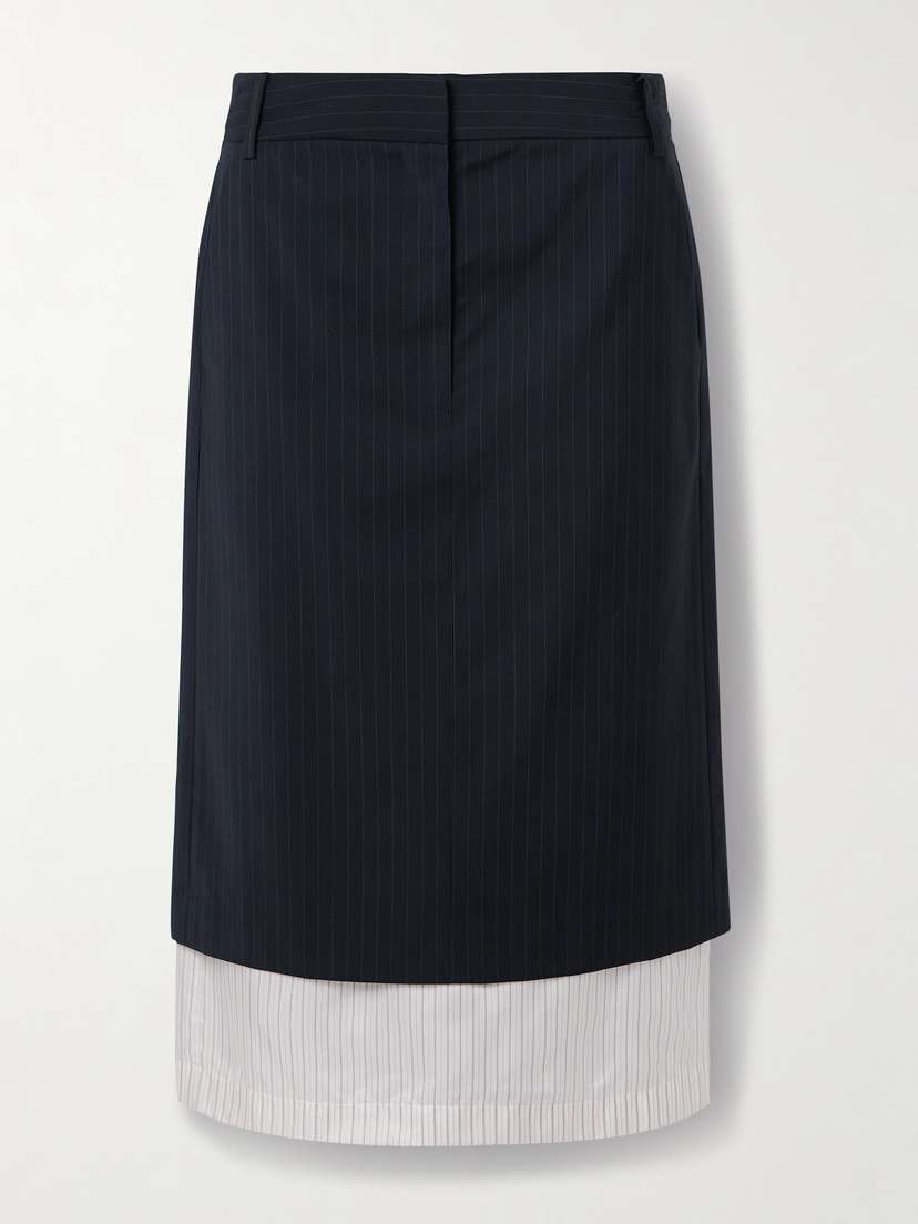 Tibi Mier Layered Pinstriped Wool-blend Crepe And Satin-twill Midi Skirt