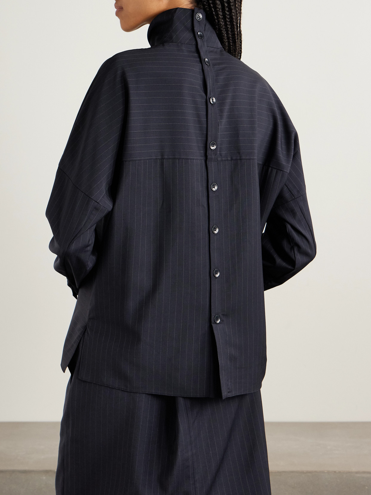 Tibi Mier Pinstriped Wool-blend Turtleneck Top In Blue