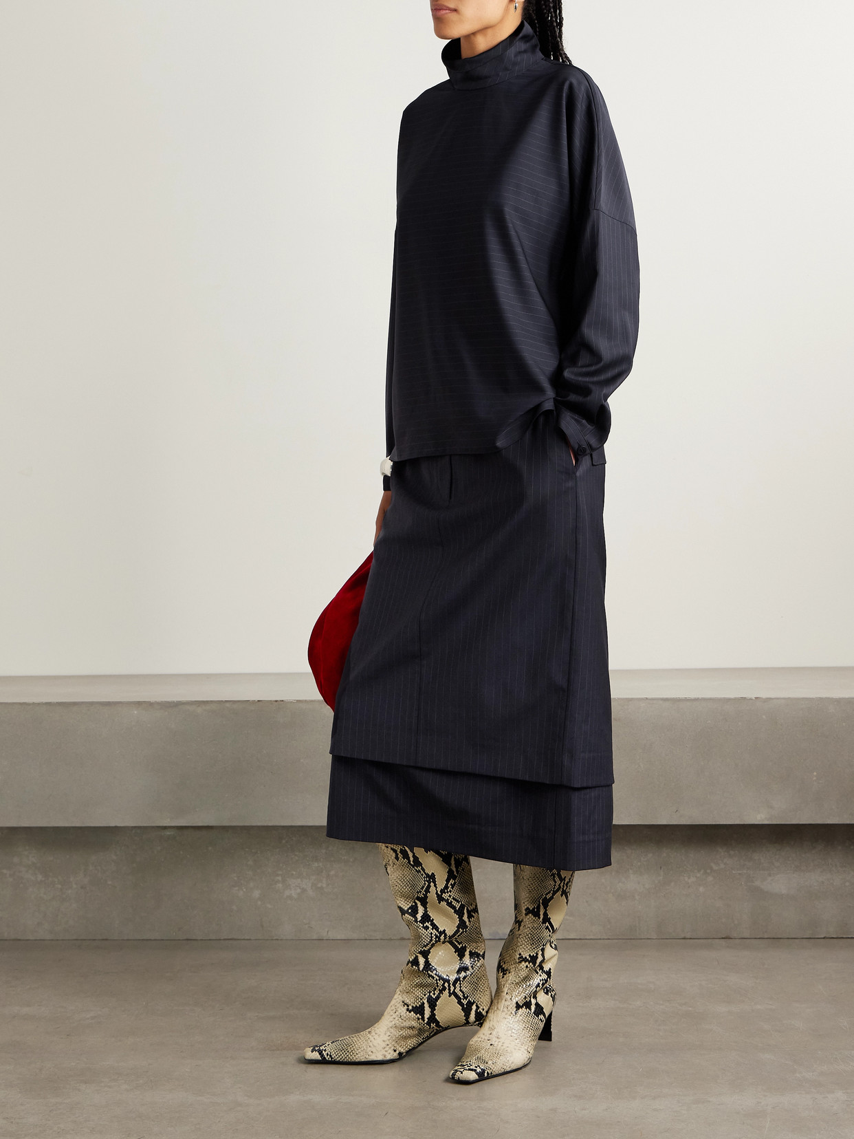 Tibi Mier Pinstriped Wool-blend Turtleneck Top In Blue