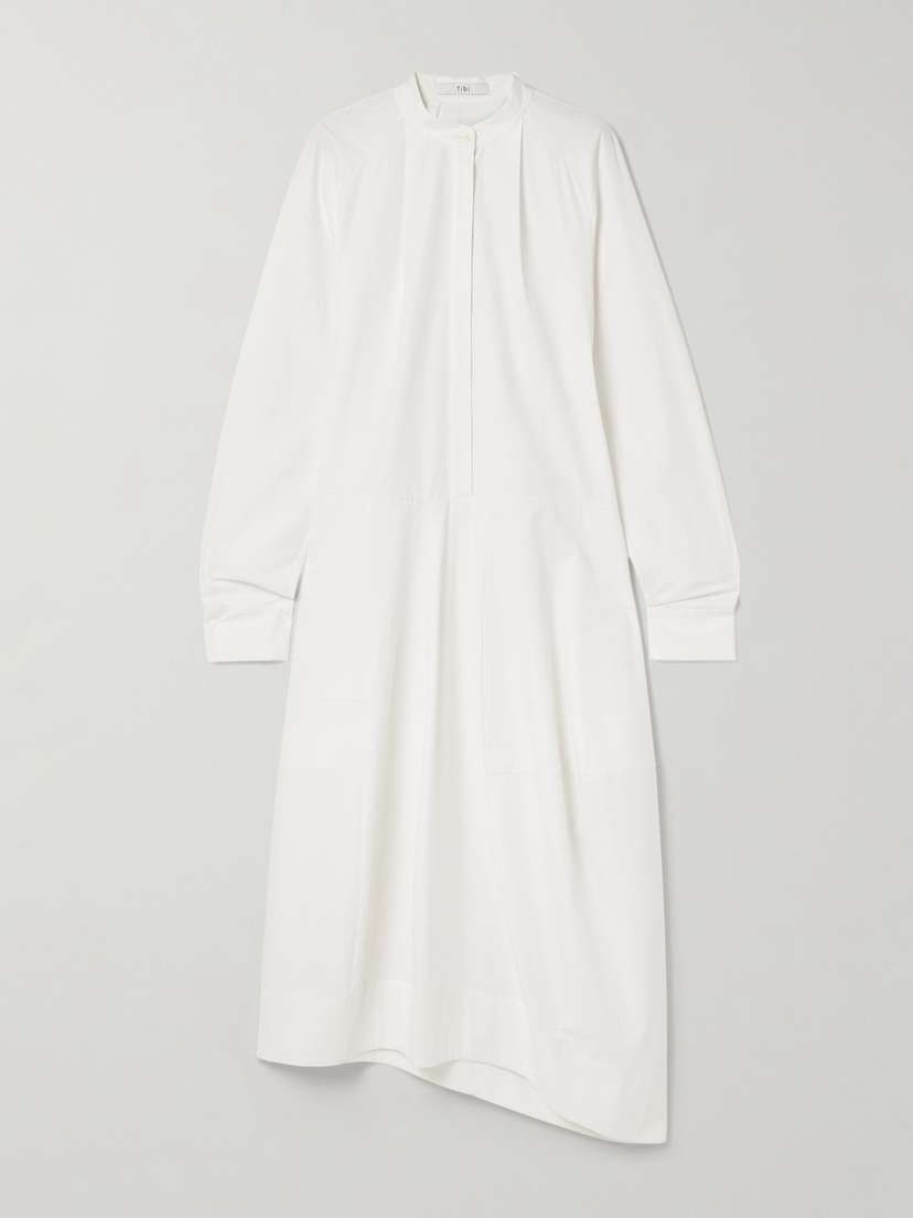 Tibi Asymmetric Pleated Cotton-poplin Midi Shirt Dress