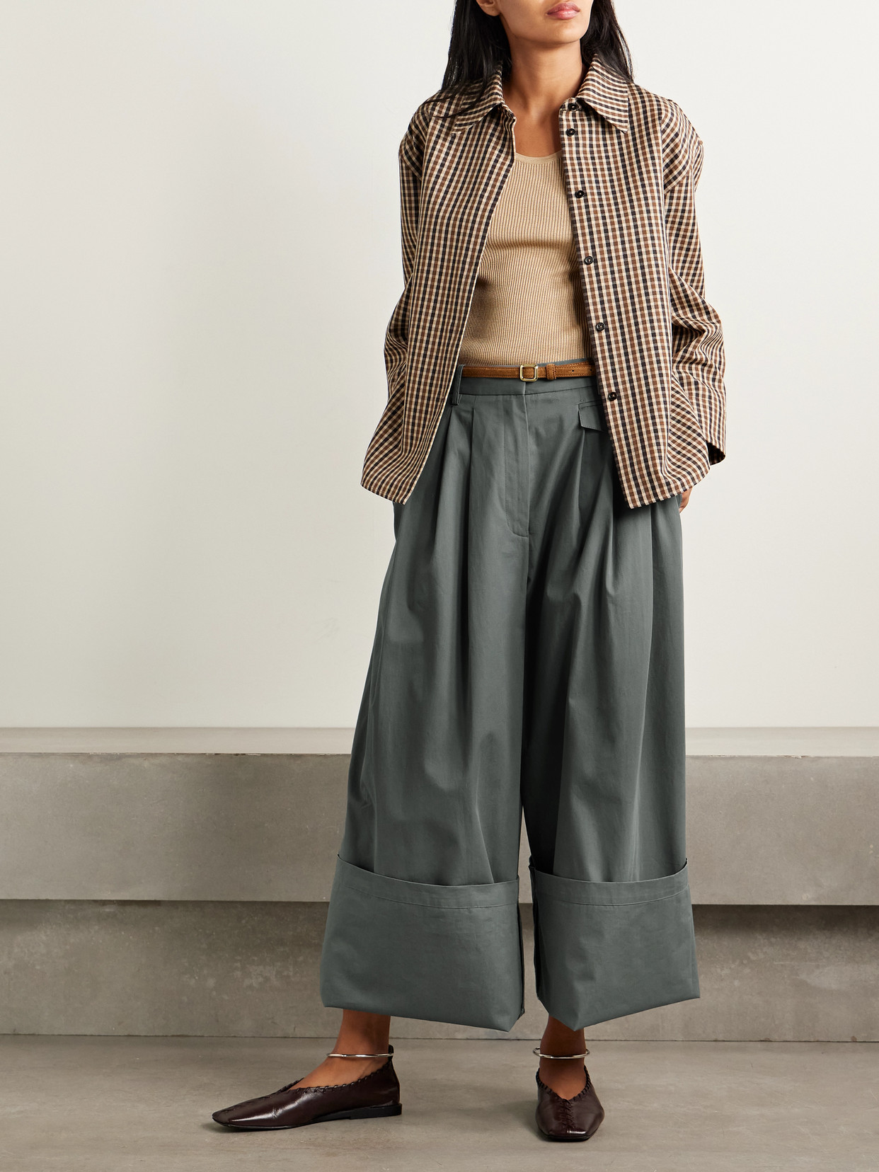 Tibi Pleated Cotton-twill Wide-leg Pants In Gray