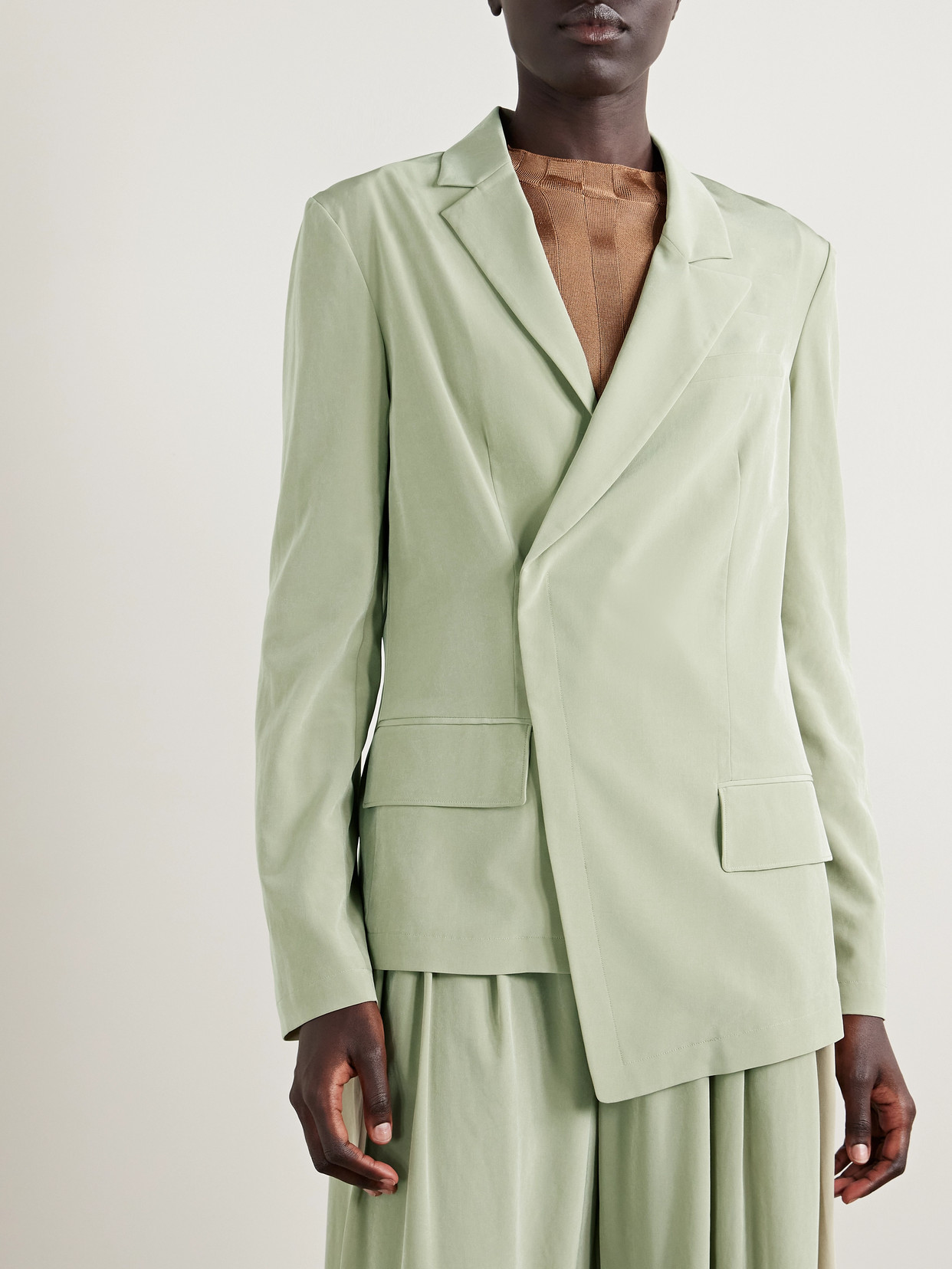 Tibi Asymmetric Crepe De Chine Blazer In Green