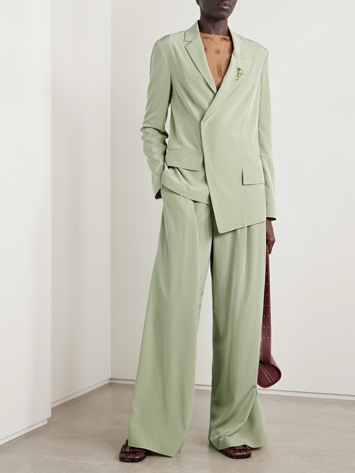 Tibi Asymmetric Crepe De Chine Blazer In Green