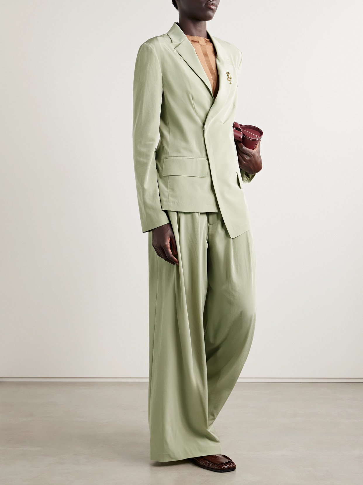 Tibi Pleated Crepe De Chine Wide-leg Pants In Green