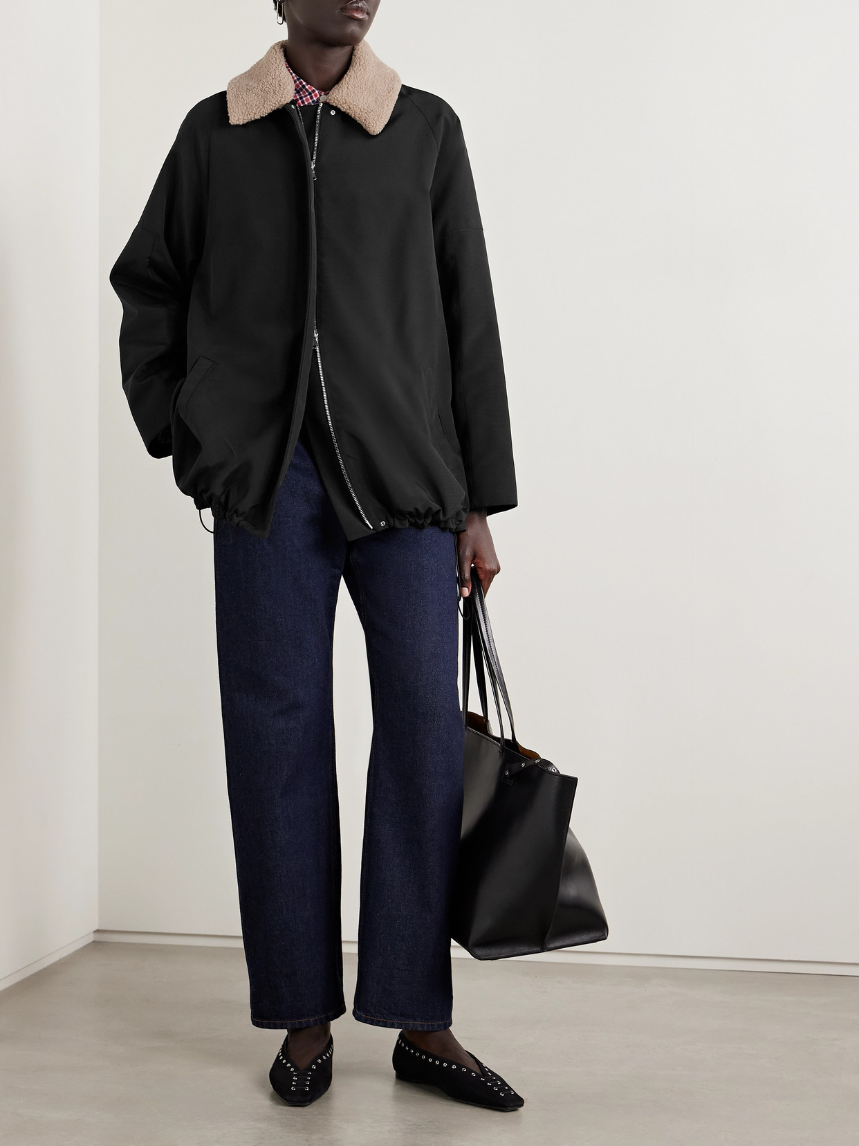 Tibi Oversized Fleece-trimmed Canvas Jacket In Black
