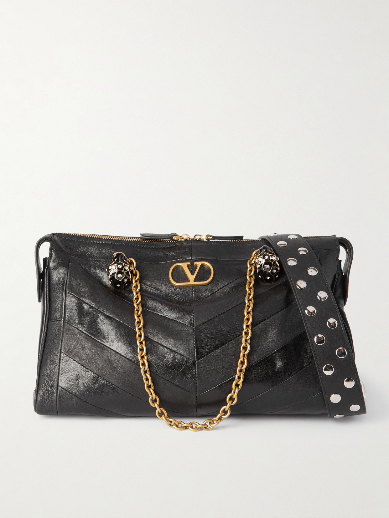 Valentino Garavani Growl Medium Embellished Leather Shoulder Bag In Black