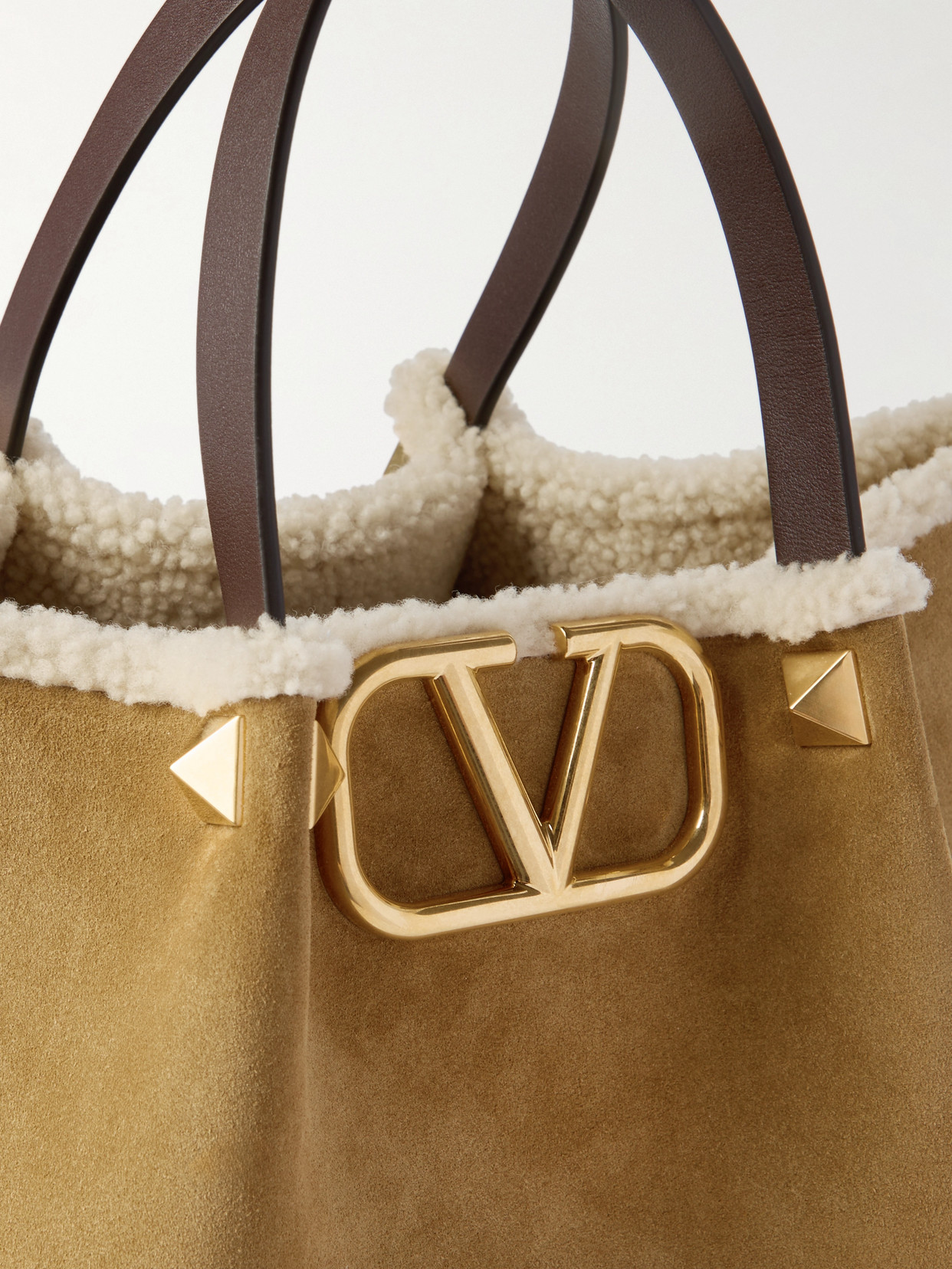 Valentino Garavani Medium Suede Shopping Bag With Sheepskin Lining Woman Havana B In Brown