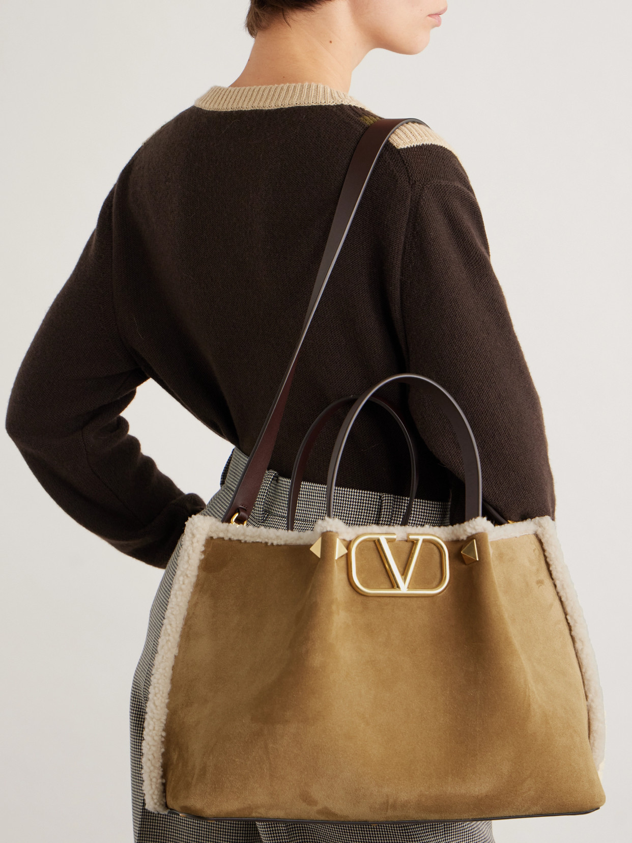 Valentino Garavani Medium Suede Shopping Bag With Sheepskin Lining Woman Havana B In Brown