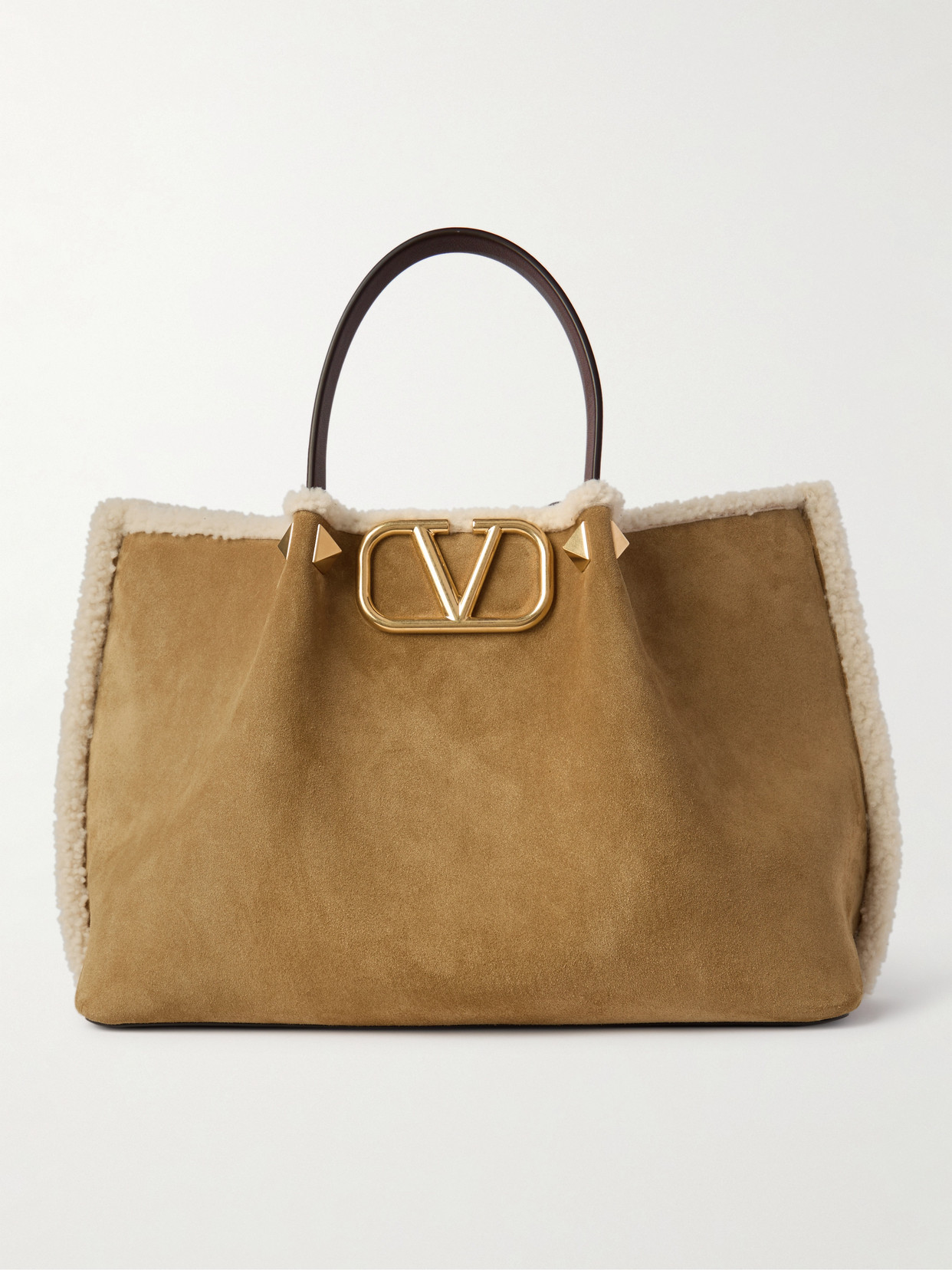 Valentino Garavani Vlogo Medium Leather-trimmed Embellished Suede Shoulder Bag In Brown