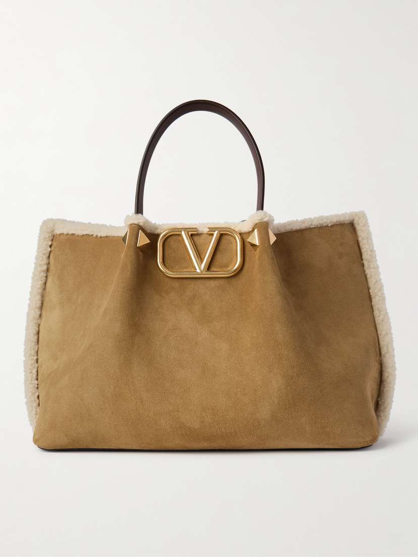 Valentino Garavani Vlogo Medium Leather-trimmed Embellished Suede Shoulder Bag