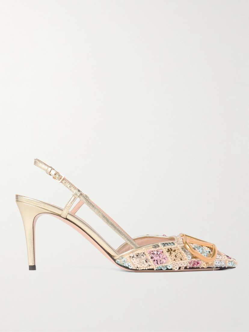 Valentino Garavani Vlogo Embellished Metallic Leather Slingback Pumps