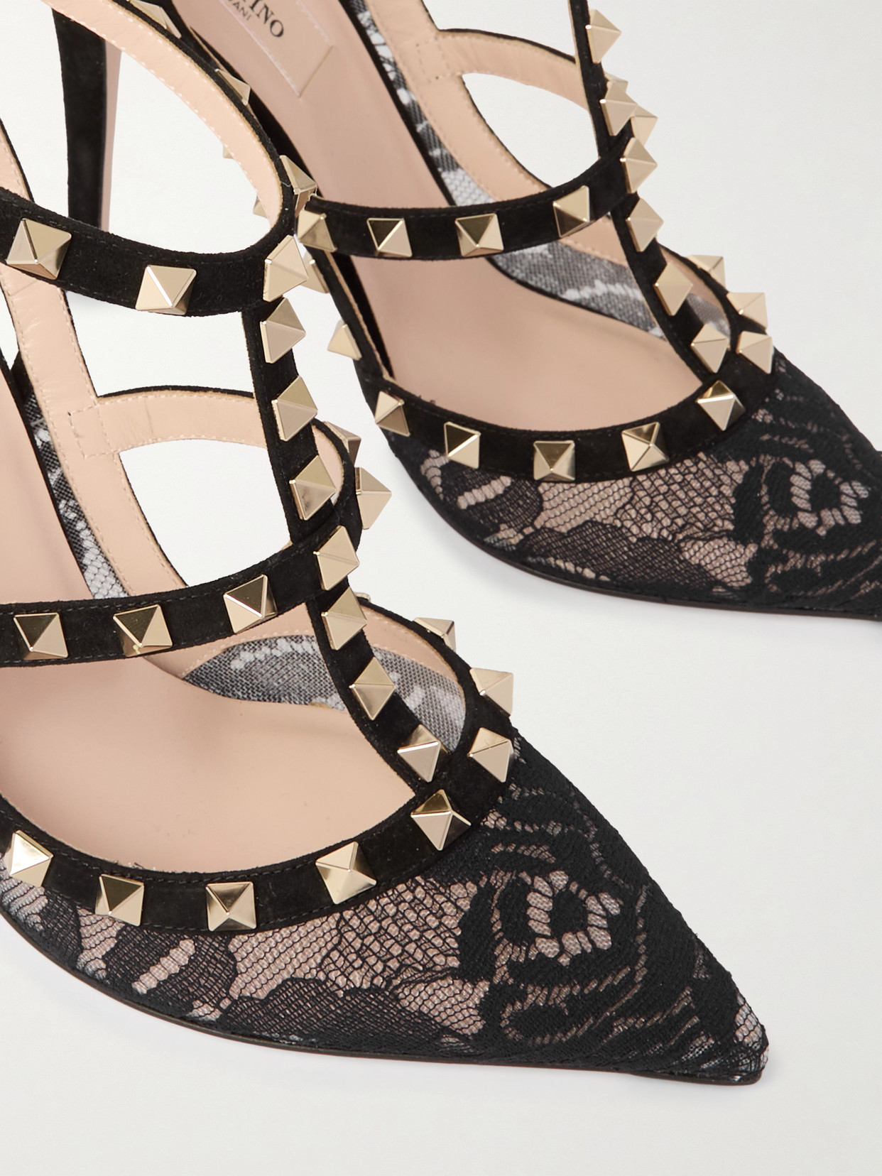Valentino Rockstud 100 Lace And Suede Pumps In Black