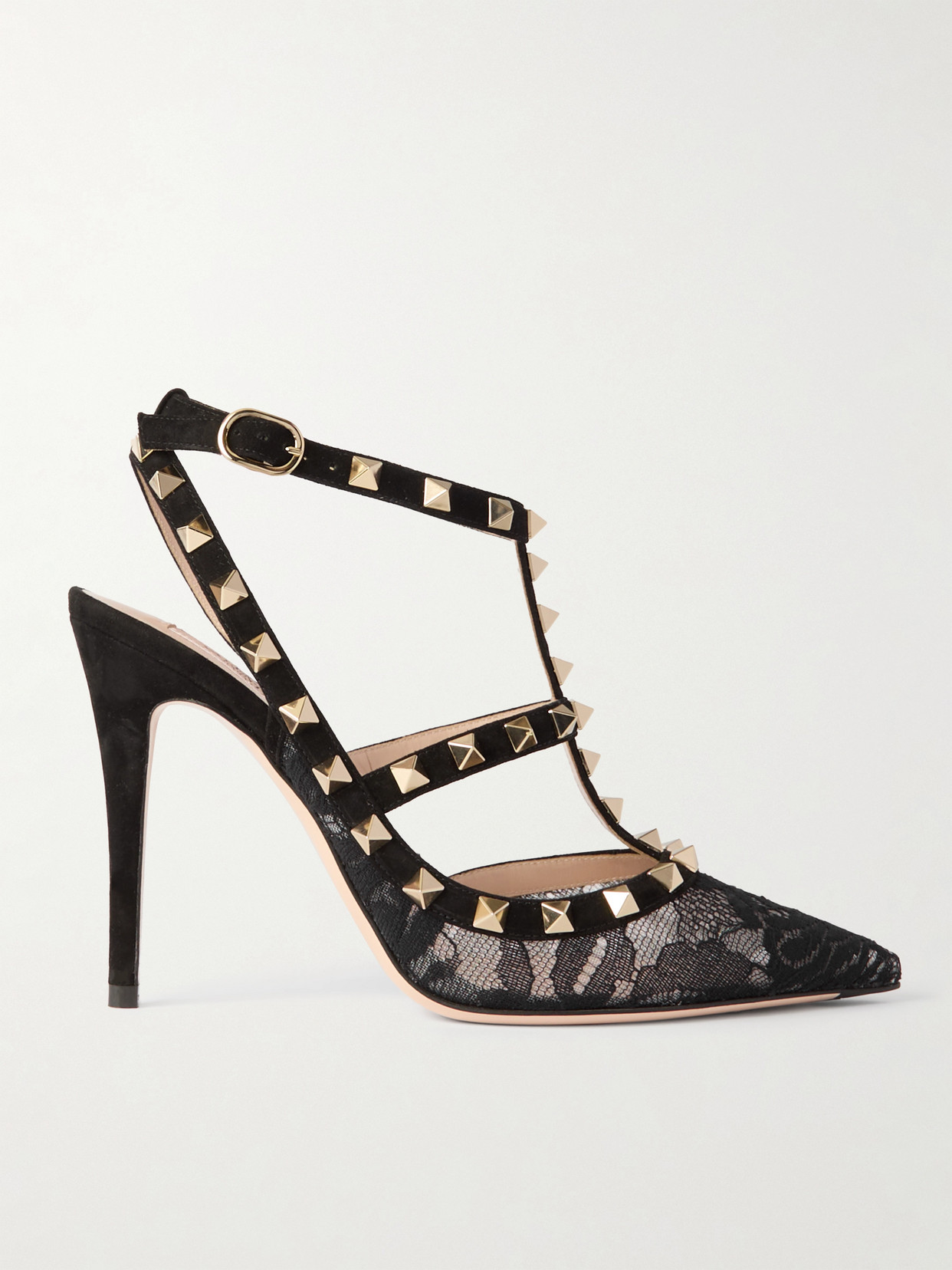 Valentino Garavani Rockstud 100 Suede-trimmed Lace Pumps In Black