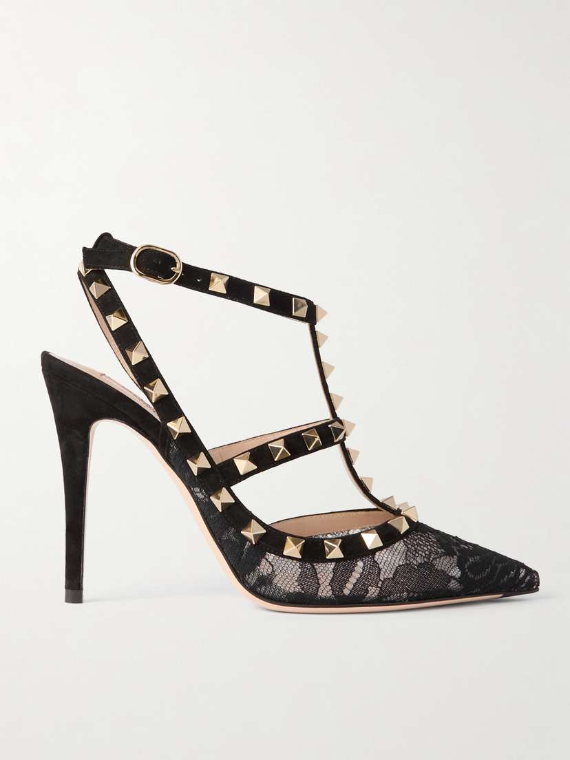 Valentino Garavani Rockstud 100 Suede-trimmed Lace Pumps