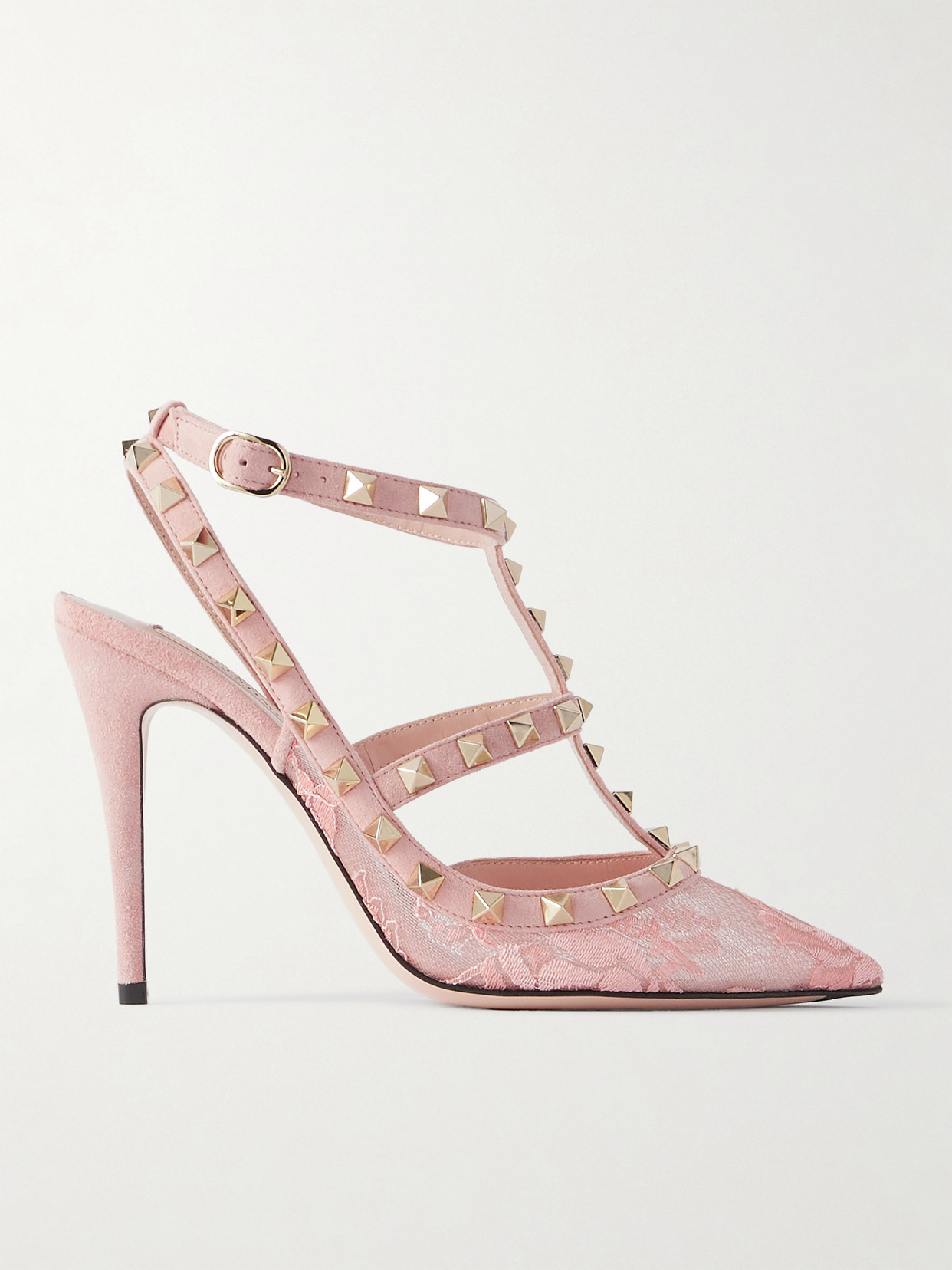 Valentino Garavani Rockstud 100 Suede-trimmed Lace Pumps In Pink