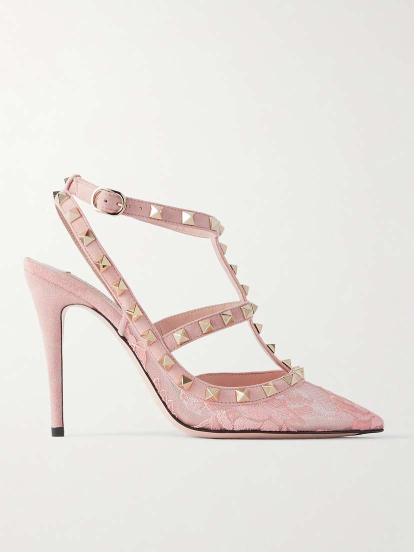 Valentino Garavani Rockstud 100 Suede-trimmed Lace Pumps