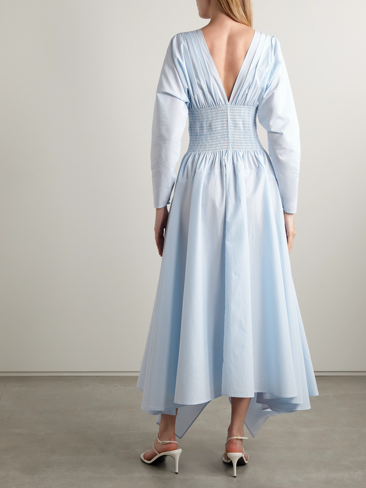 Salon 1884 Camicia Shirred Striped Cotton-poplin Midi Dress