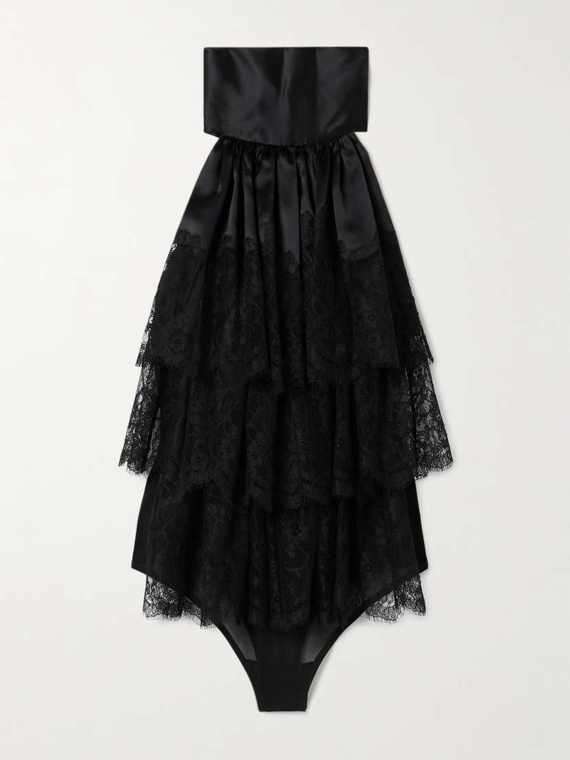 Salon 1884 Farrusi Lace-trimmed Silk-blend Satin Halterneck Thong Bodysuit