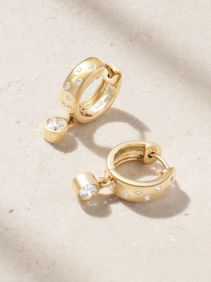 Roxanne First Polka-dot Drop 14-karat Gold Diamond Hoop Earrings