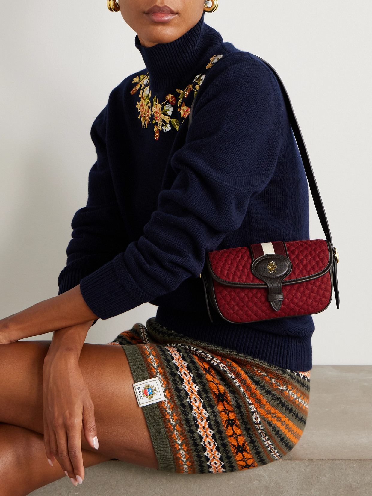 Bally Quilted Webbing And Leather-trimmed Wool-bouclé Shoulder Bag In Red
