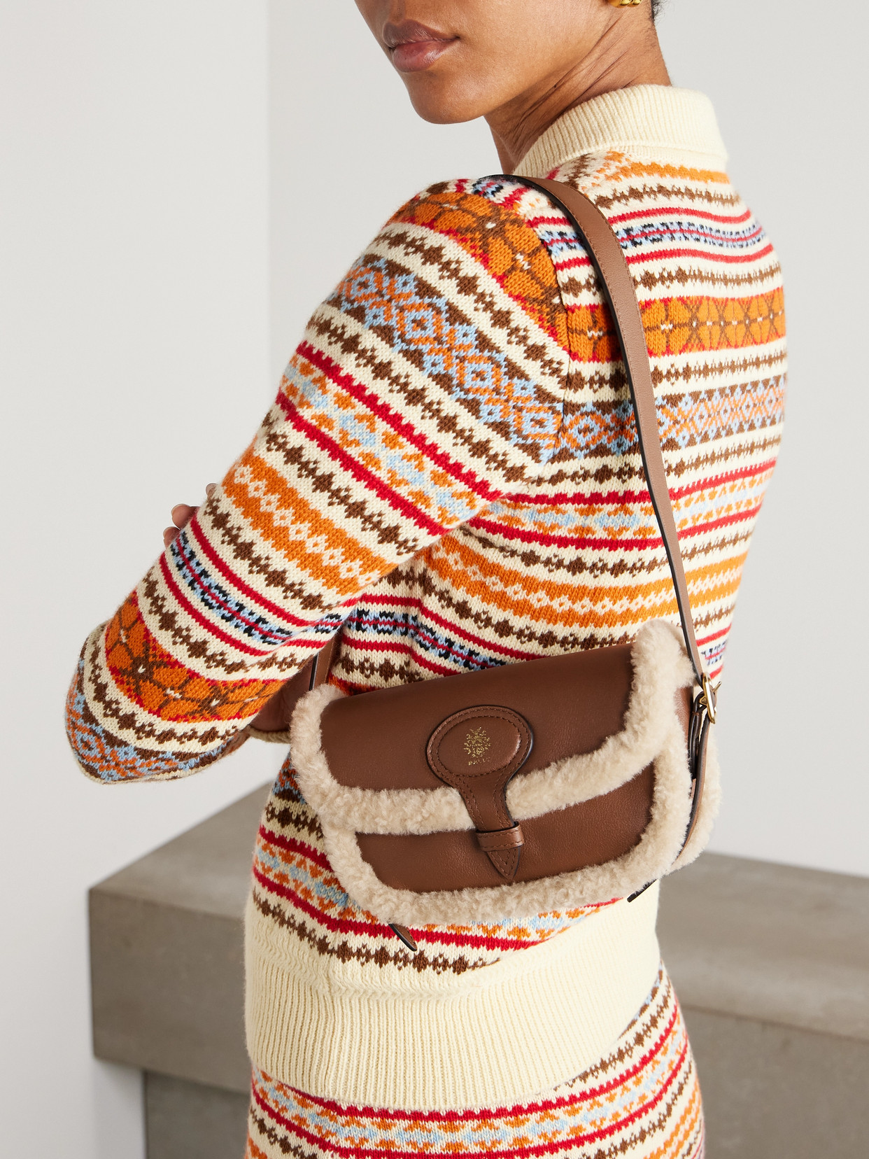 Shearling-Trimmed Shoulder Bag