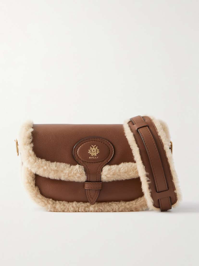 BALLY Shearling-trimmed Leather Shoulder Bag