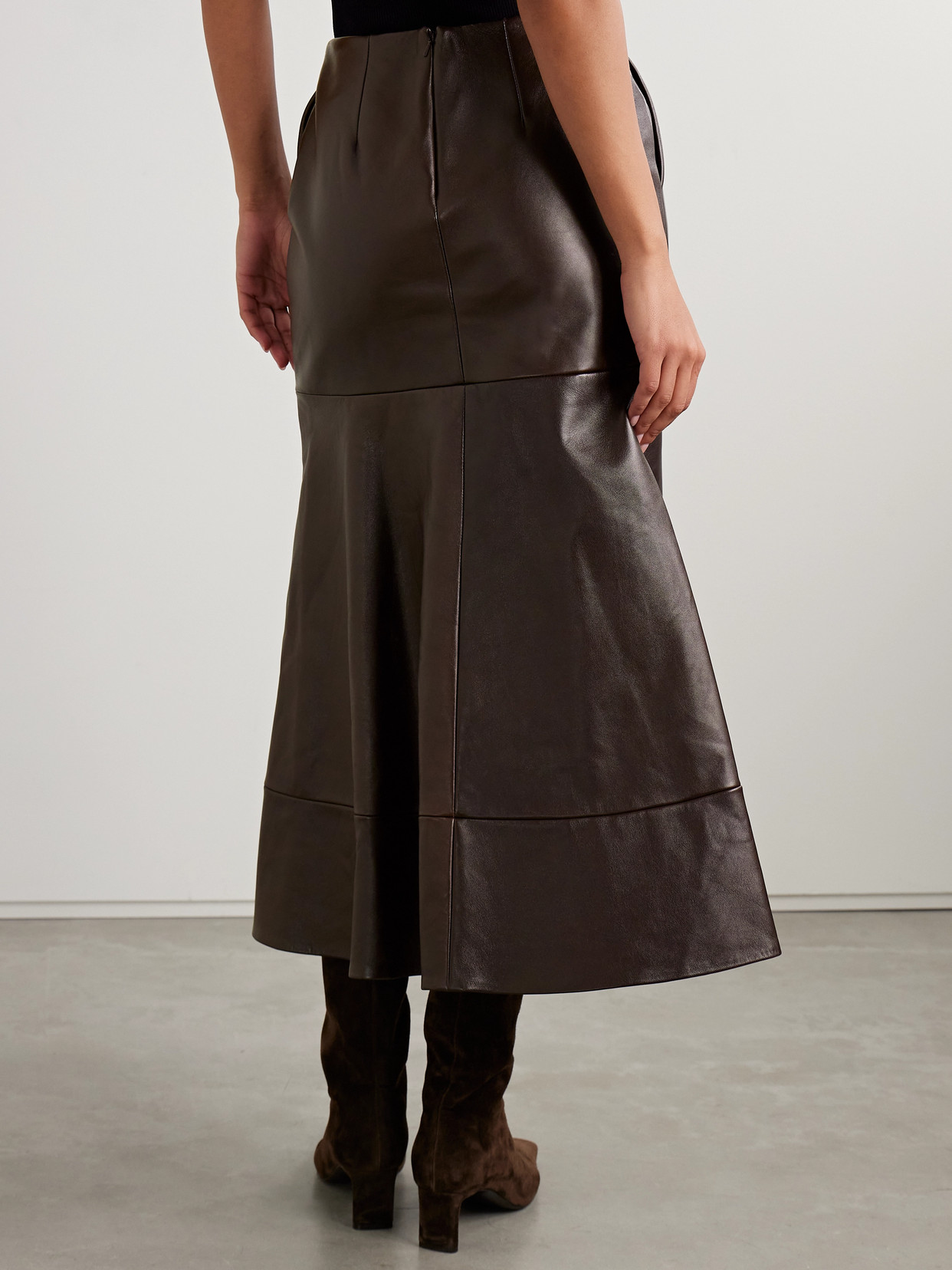 Brandon Maxwell The Preston Paneled Leather Midi Skirt In Brown
