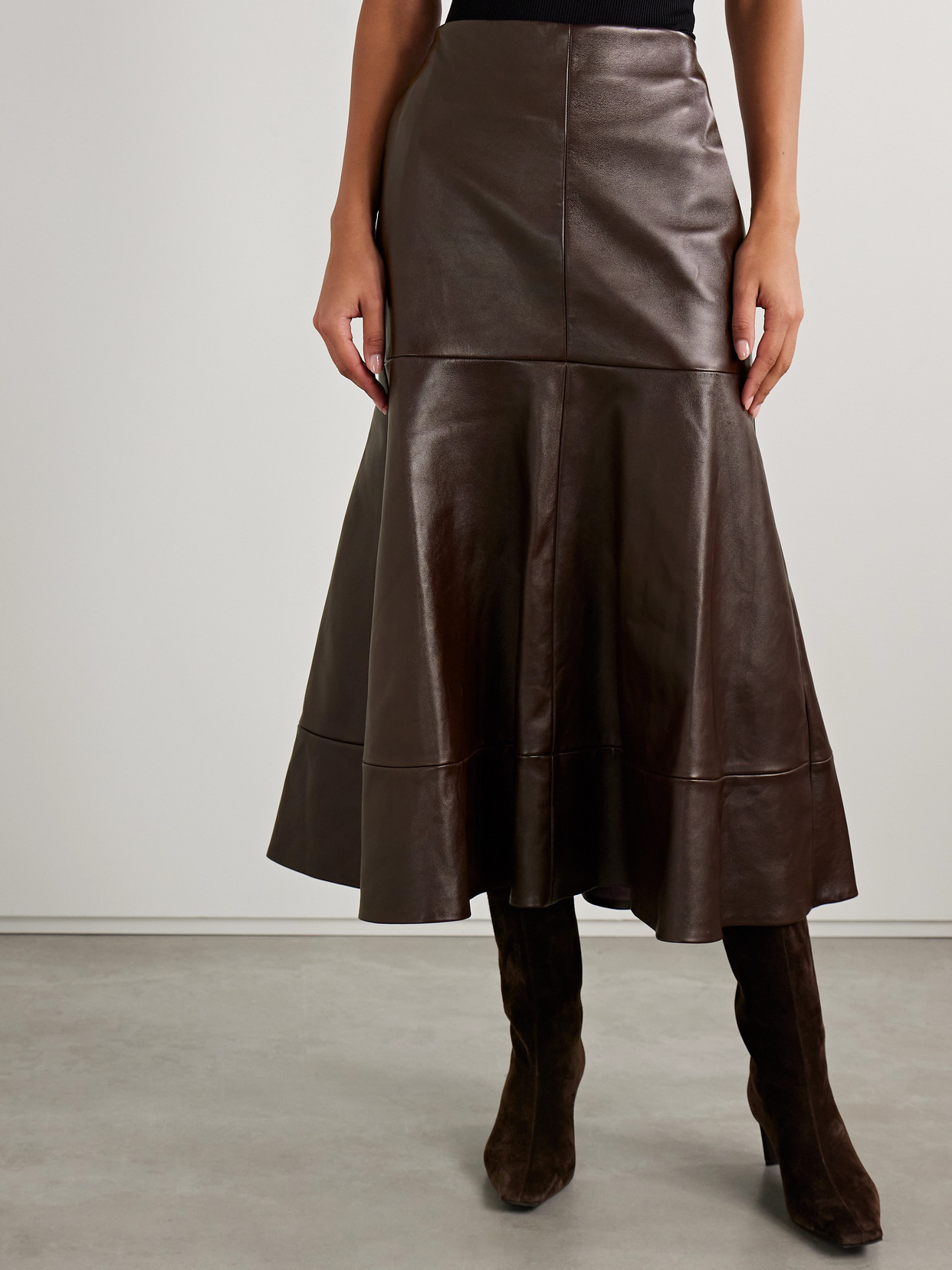 Brandon Maxwell The Preston Paneled Leather Midi Skirt In Brown